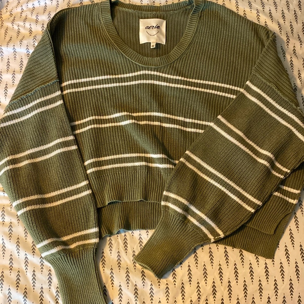 Aerie Green and White Striped Sweater